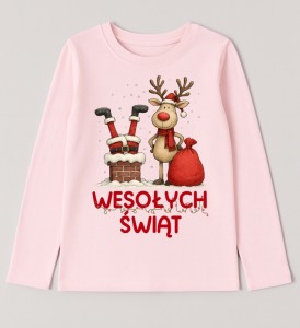 Różowa koszulka świąteczna dla dziewczynki z Mikołajem i Reniferem - długi rękawek - wesołych50