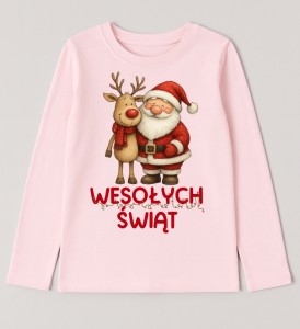 Różowa koszulka świąteczna dla dziewczynki z Mikołajem i Reniferem - długi rękawek - wesołych47