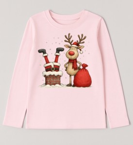 Różowa koszulka świąteczna dla dziewczynki z Mikołajem i Reniferem  - wzór renifer82