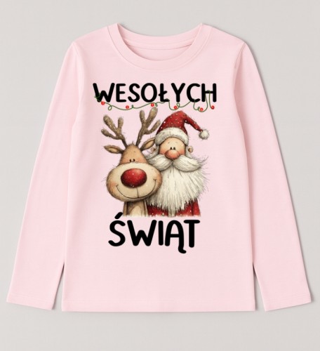 Różowa koszulka z Mikołajem I reniferem  z długim rękawkiem dla dziewczynki.jpg
