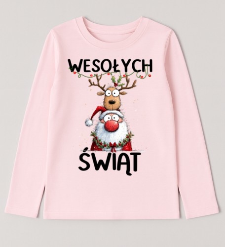 Różowa koszulka z Mikołajem I reniferem  z długim rękawkiem dla dziewczynki.jpg