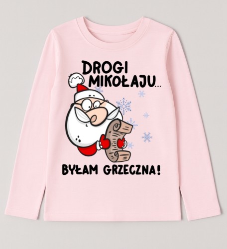 Różowa koszulka z Mikołajem dla dziewczynki na Mikołajki - drogi Mikołaju byłam grzeczna