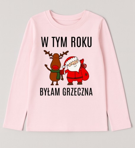 Różowa koszulka z reniferem i Mikołajem dla dziewczynki - W TYM ROKU BYŁAM GRZECZNA.jpg