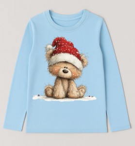 Niebieska koszulka z długim rękawkiem z misiem na Mikołajki - miś72