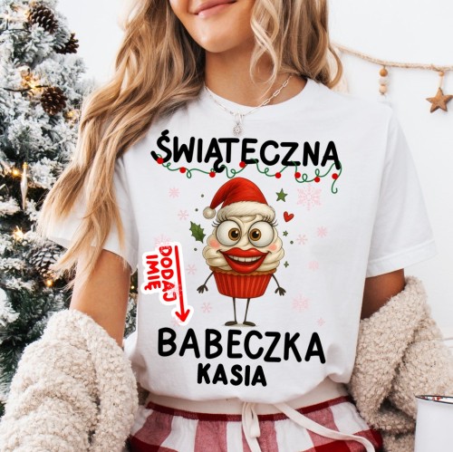 Damska Koszulka świąteczna babeczka z imieniem na prezent dla koleżanek z pracy na święta.jpg