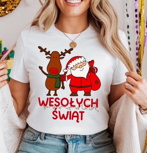 Damska świąteczna koszulka z Mikołajem i reniferem.jpg