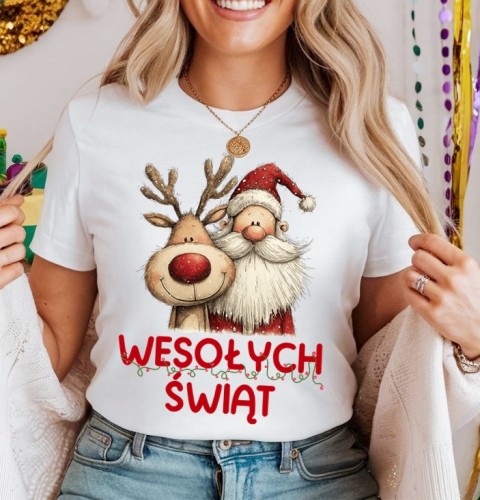 Damska świąteczna koszulka z Mikołajem i reniferem.jpg
