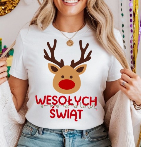 Damska świąteczna koszulka z Mikołajem i reniferem.jpg
