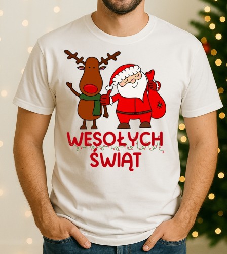 Fajna świąteczna koszulka męska - WESOŁYCH ŚWIĄT Z RENIFEREM I MIKOŁAJEM - wesołych97