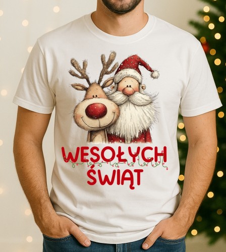 Fajna świąteczna koszulka męska - WESOŁYCH ŚWIĄT Z RENIFEREM I MIKOŁAJEM - WESOŁYCH100
