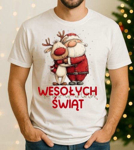 Fajna świąteczna koszulka męska - WESOŁYCH ŚWIĄT Z RENIFEREM I MIKOŁAJEM - wesołych102