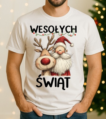 Fajna świąteczna koszulka męska - WESOŁYCH ŚWIĄT Z RENIFEREM I MIKOŁAJEM - RENIFER17