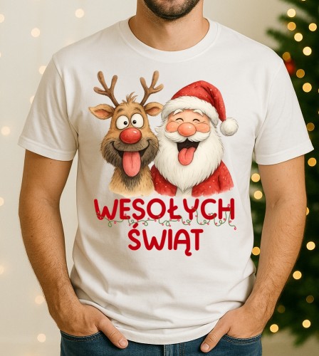 Fajna świąteczna koszulka męska - WESOŁYCH ŚWIĄT Z RENIFEREM I MIKOŁAJEM - wesołych40