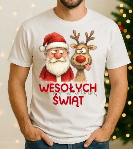Fajna świąteczna koszulka męska - WESOŁYCH ŚWIĄT Z RENIFEREM I MIKOŁAJEM.jpg