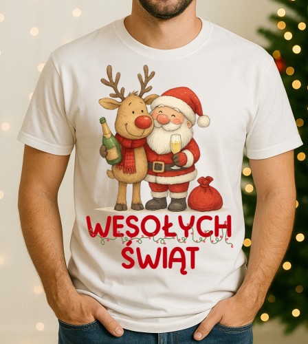 Fajna świąteczna koszulka męska - WESOŁYCH ŚWIĄT Z RENIFEREM I MIKOŁAJEM - wesołych41