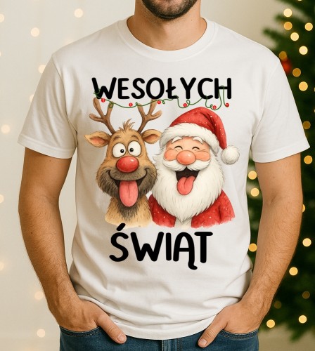 Fajna świąteczna koszulka męska - WESOŁYCH ŚWIĄT Z RENIFEREM I MIKOŁAJEM - wesołych24