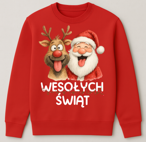 Czerwona świąteczna bluza z Reniferem i Mikołajem - wesołych25