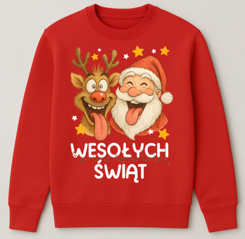 Czerwona świąteczna bluza z Reniferem i Mikołajem - wesołych38