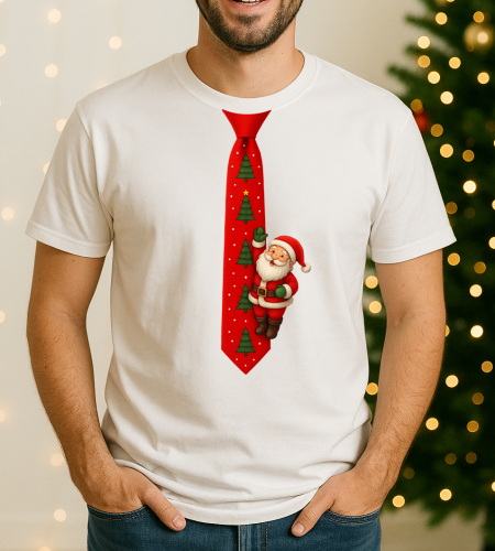 Męska świąteczna koszulka z krawatem z Mikołajem.png
