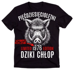 CZARNA KOSZULKA DLA 50 LATKA ''PIĘĆDZIESIĘCIOLETNI DZIKI CHŁOP'' 
