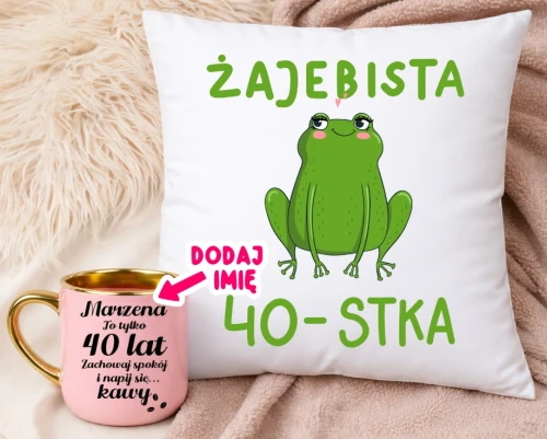 Prezent na 40 urodziny dla kobioety - personalizowany kubek na 40 urodziny oraz poduszka.webp