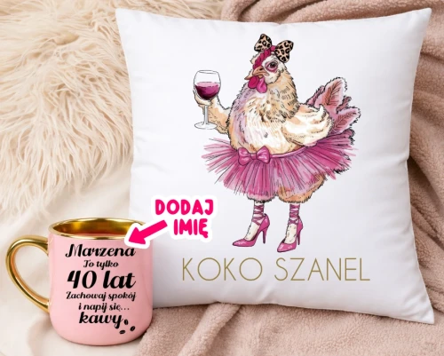 Prezent na 40 urodziny dla kobiety - personalizowany kubek na 40 urodziny oraz poduszka.webp