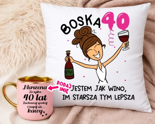 Prezent na 40 urodziny dla kobiety - Personalizowany kubek na 40 urodziny oraz poduszka z brunetką