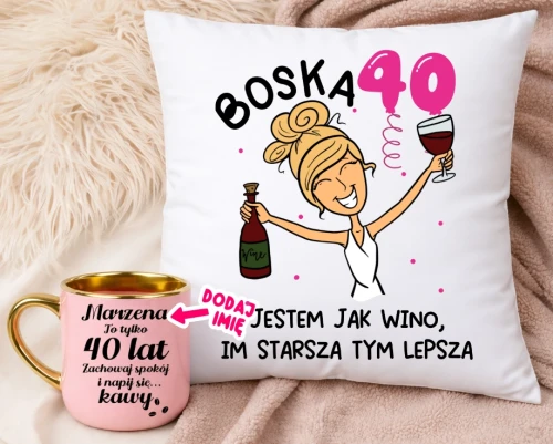 Prezent na 40 urodziny dla kobiety - Personalizowany kubek na 40 urodziny oraz poduszka z blondynką