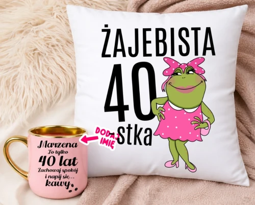 Prezent na 40 urodziny dla kobiety - personalizowany kubek na 40 urodziny oraz poduszka.webp