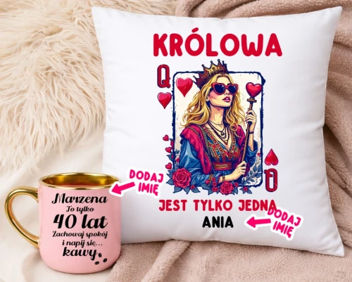 Prezent na 40 urodziny dla kobiety - personalizowany kubek na 40 urodziny oraz poduszka.webp