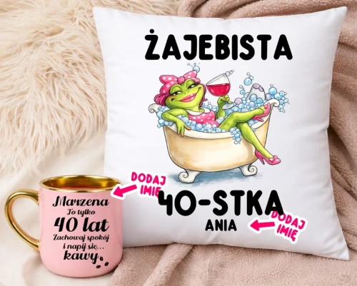 Prezent na 40 urodziny dla kobiety - personalizowany kubek na 40 urodziny oraz poduszka żajebista 40 -stka.webp