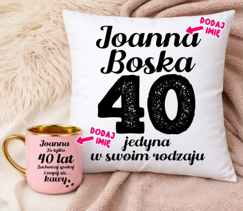 Prezent na 40 urodziny dla koleżanki - poduszka oraz kubek z nadrukiem na 40