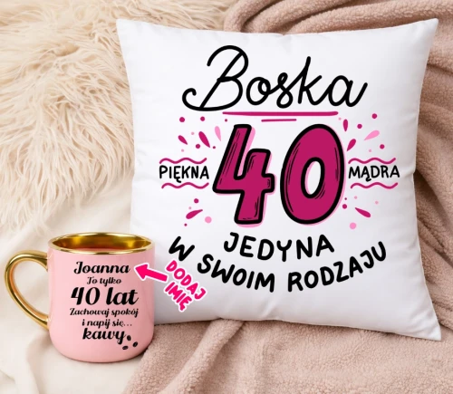 Prezent na 40 urodziny dla koleżanki kubek oraz poduszka BOSKA 40