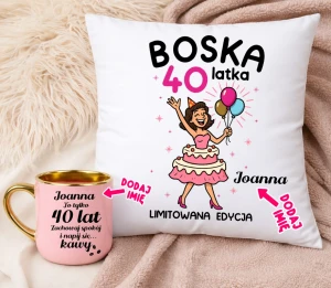 Prezent na 40 urodziny dla koleżanki kubek oraz poduszka BOSKA 40