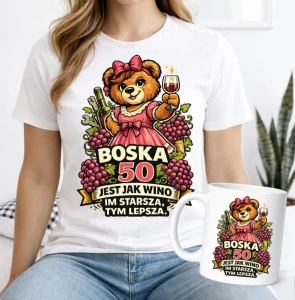 Prezent na 50 urodziny dla kobiety– koszulka + kubek – prezent urodzinowy 50 lat
