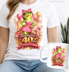 Prezent na 40 urodziny dla kobiety– koszulka + kubek – prezent urodzinowy 40 lat