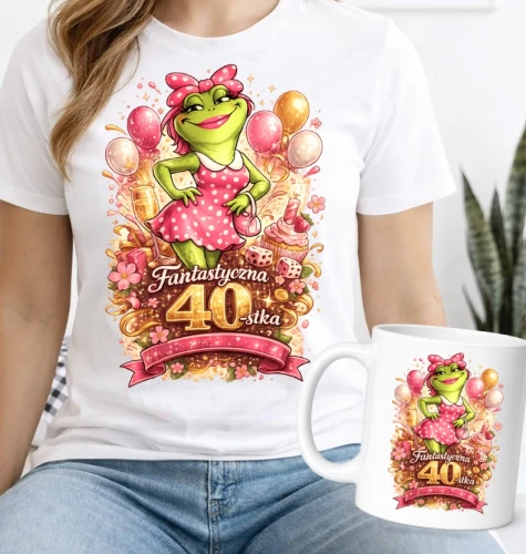 Prezent na 40 urodziny dla kobiety– koszulka + kubek – prezent urodzinowy 40 lat.webp