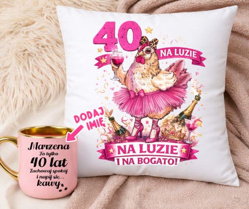 Prezent na 40 urodziny dla koleżanki kubek oraz poduszka