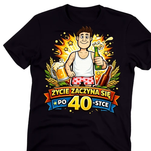 Męska koszulka na 40 urodziny - ŻYCIE ZACZYNA SIĘ PO 40.webp