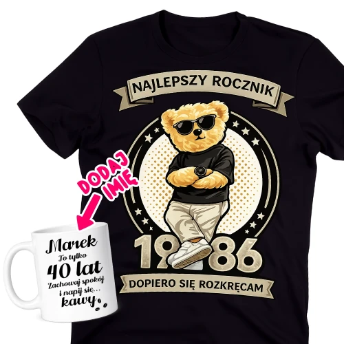 Męska koszulka na 40 urodziny - personalizowany zestaw na 40 urodziny z kubkiem.webp