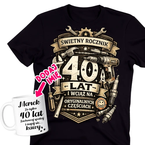 Męska koszulka na 40 urodziny - personalizowany zestaw na 40 urodziny z kubkiem.webp