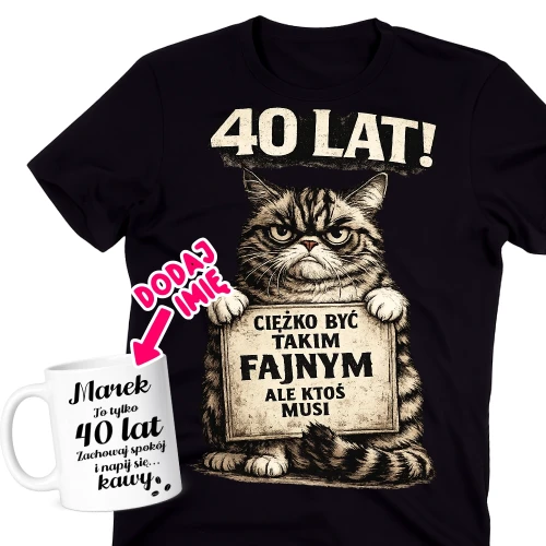 Męska koszulka na 40 urodziny - personalizowany zestaw na 40 urodziny z kubkiem.webp