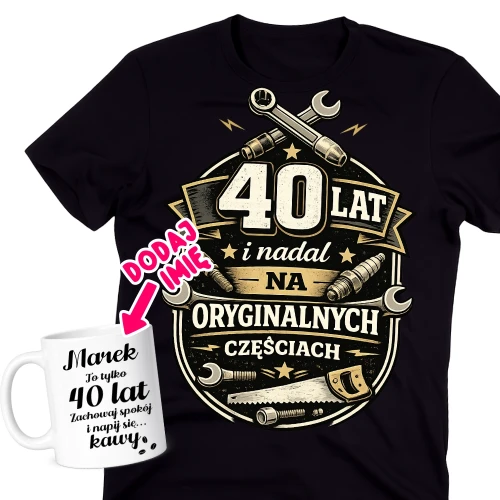 Męska koszulka na 40 urodziny - personalizowany zestaw na 40 urodziny z kubkiem.webp