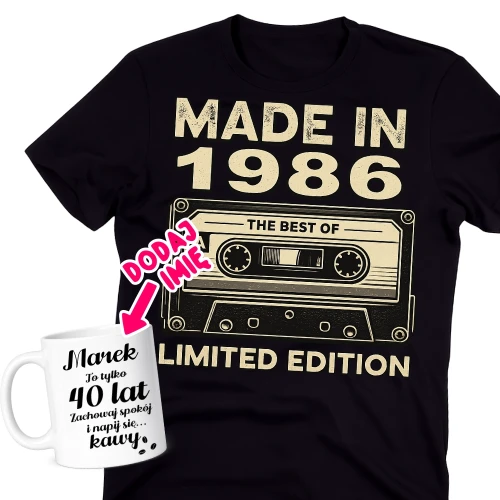 Męska koszulka na 40 urodziny - personalizowany zestaw na 40 urodziny z kubkiem.webp