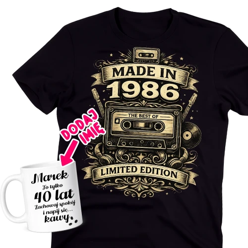 Męska koszulka na 40 urodziny - personalizowany zestaw na 40 urodziny z kubkiem.webp