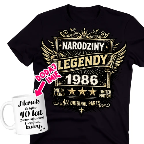 Męska koszulka na 40 urodziny - personalizowany zestaw na 40 urodziny z kubkiem.webp