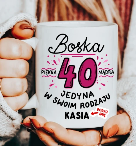 Kubek na 40 urodziny BOSKA 40 z imieniem.webp