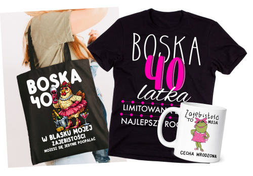 Prezent na 40 urodziny dla koleżanki - ZESTAW torba, kubek oraz koszulka na 40