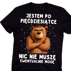 Męska koszulka na 50 urodziny -  JESTEM PO PIĘĆDZIESIĄTCE NIC NIE MUSZĘ EWENTUALNIE MOGĘ