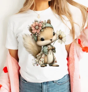 DAMSKA KOSZULKA Z wiewiórką  Z KWIATAMI na prezent